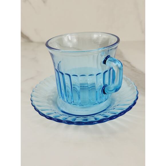 Fortecrisa Azure Ice Blue Glass Tea Cup Saucer 70's Interior Ribbed 5" Mexico x2 - Picture 2 of 13